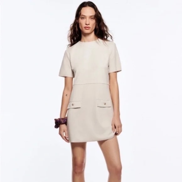 Zara Shift Dress Ecru Faux Suede Chic Mini Women's Size Small - Picture 1 of 14